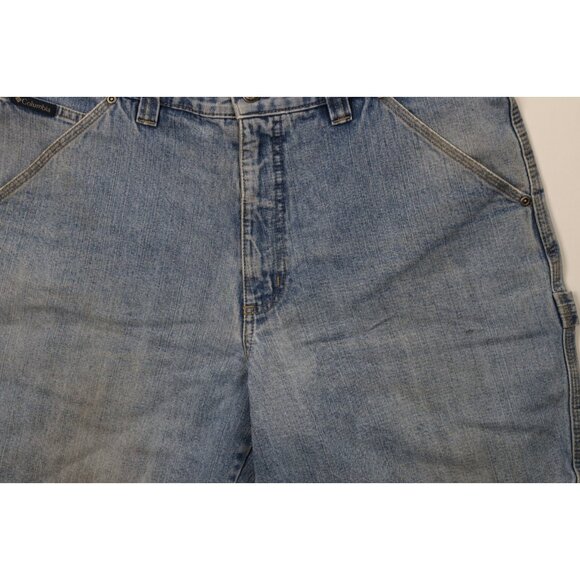 Vtg Columbia Mens 34 Distressed Spell Out Dungaree Above Knee Denim Jean Shorts - Picture 3 of 13